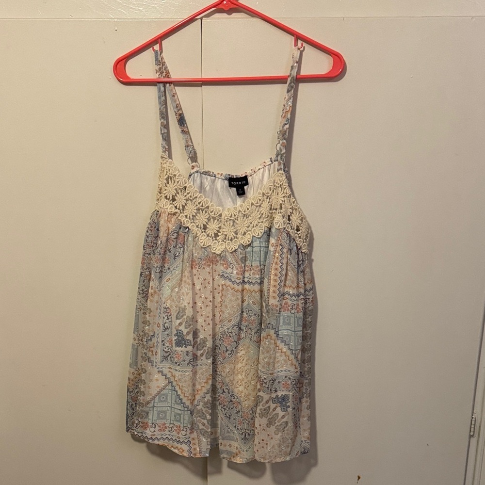 Torrid Cream and Blue Patchwork Tank Top
